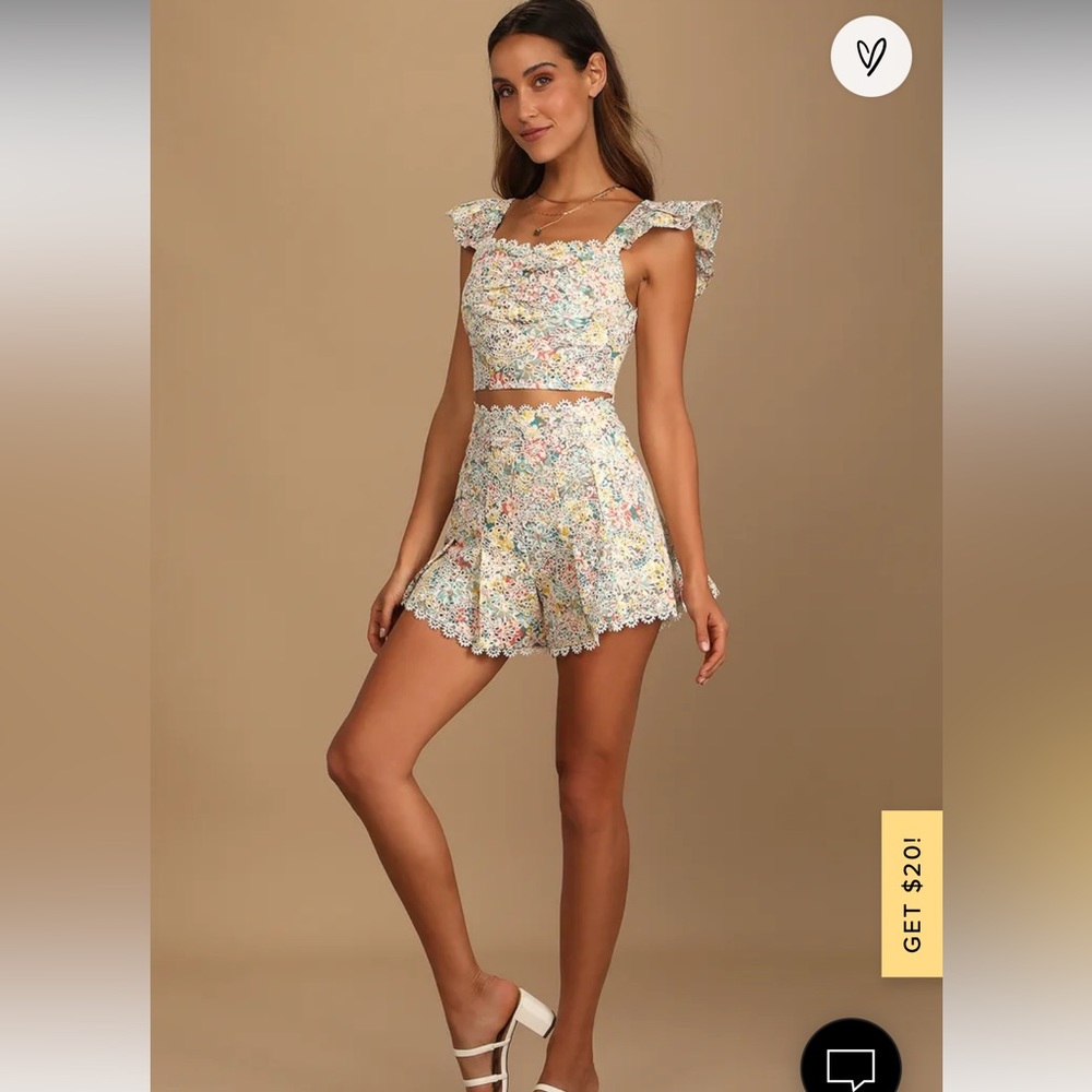 Sweeter than Ever Multi Floral Eyelet Lace High-Waisted Shorts and Top Medium